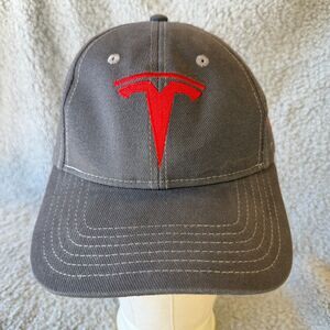 TESLA Motor Drivers Group Embroidered Red Logo On Gray Hat Cap Adj Strapback